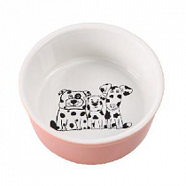 картинка для Миска 14см 450мл JOY "Собаки Кляксы" керамическая цвет лосось для собак  на сайте сети магазинов Бонифаций