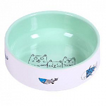 картинка для Миска 12,5 350мл JOY "Коты с рыбками" керамическая зеленая для кошек на сайте сети магазинов Бонифаций